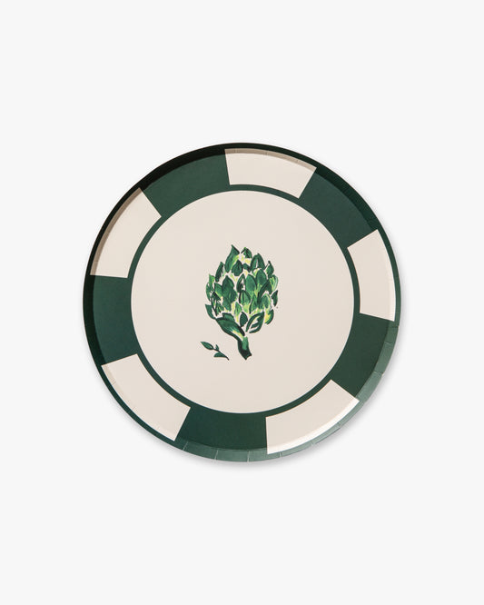 Round ceramic plate with green artichoke design on a white background