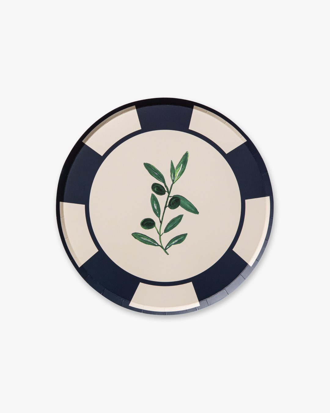 Round plate with an olive branch design on a white background