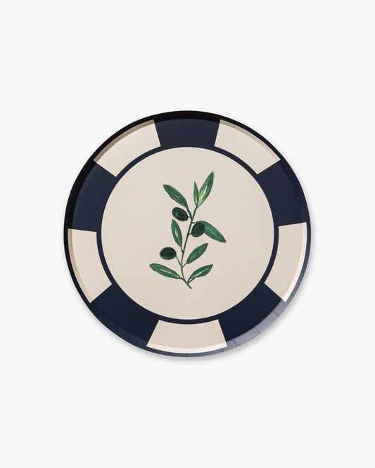 Round plate with an olive branch design on a white background