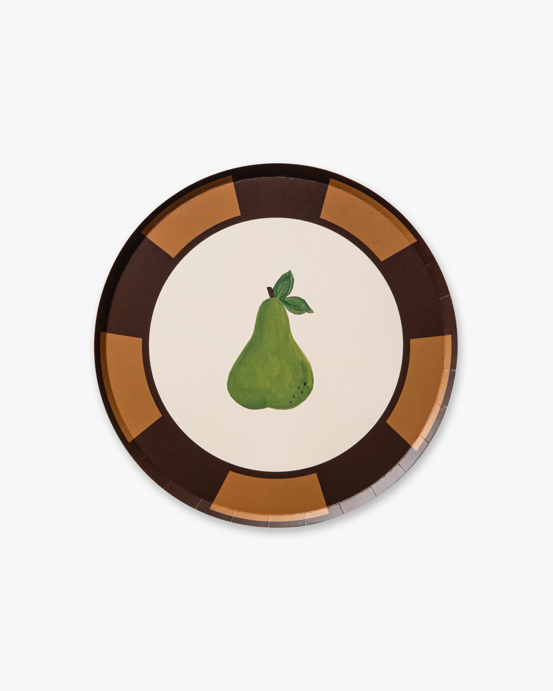 Round plate with a green pear design on a beige background