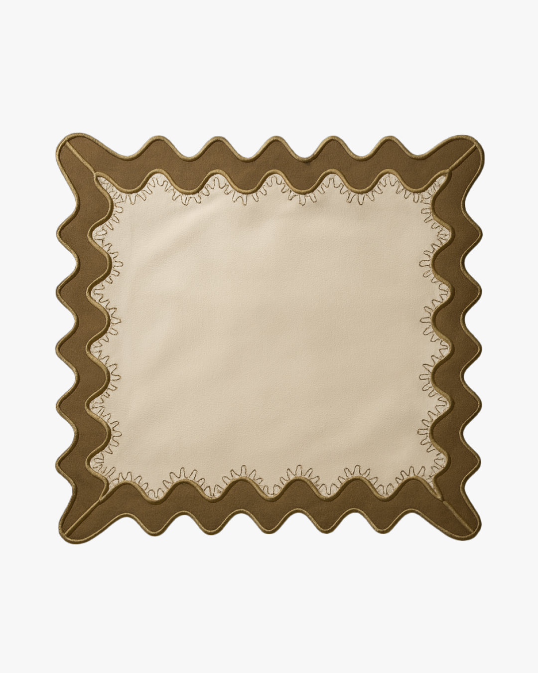 Beige placemat with olive green scalloped edge on a white background