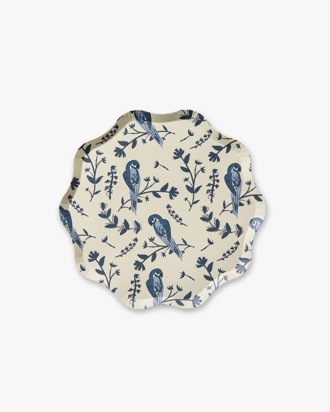 Round decorative plate with blue bird and leaf pattern on a white background