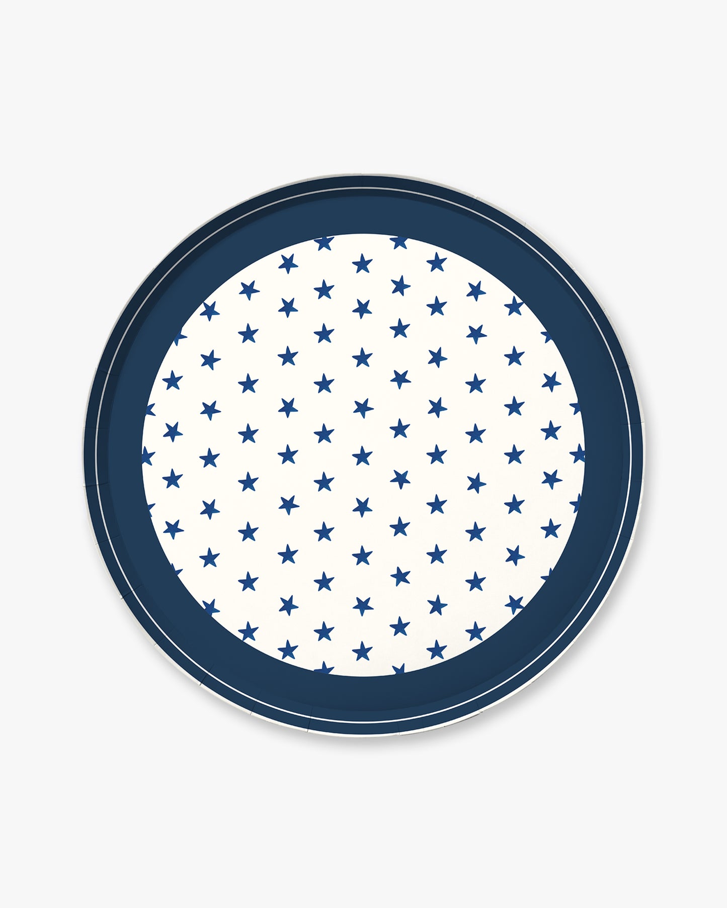 Round plate with blue star pattern on a white background