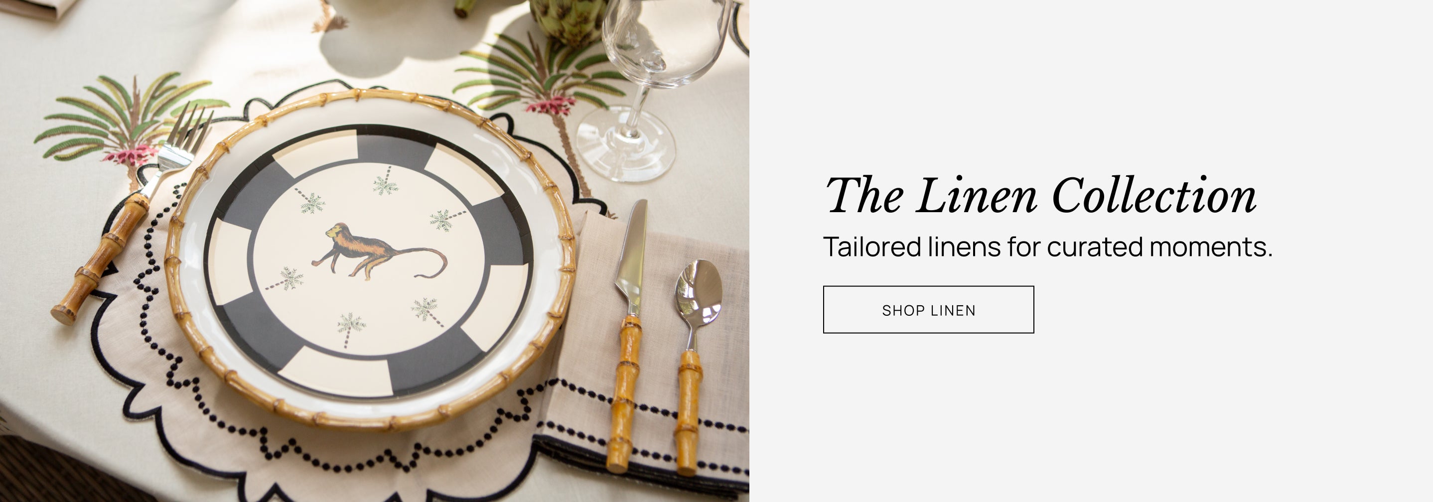 Decorative table setting with a plate and napkin, featuring 'The Linen Collection' text.