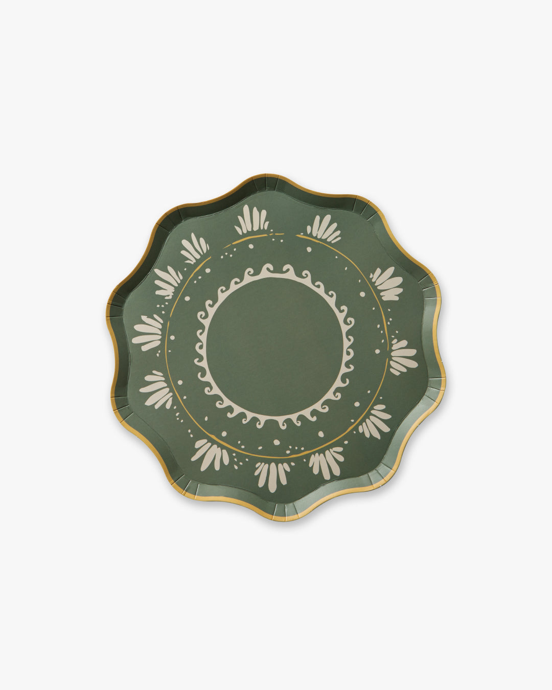 Decorative green plate with gold and white patterns on a white background
