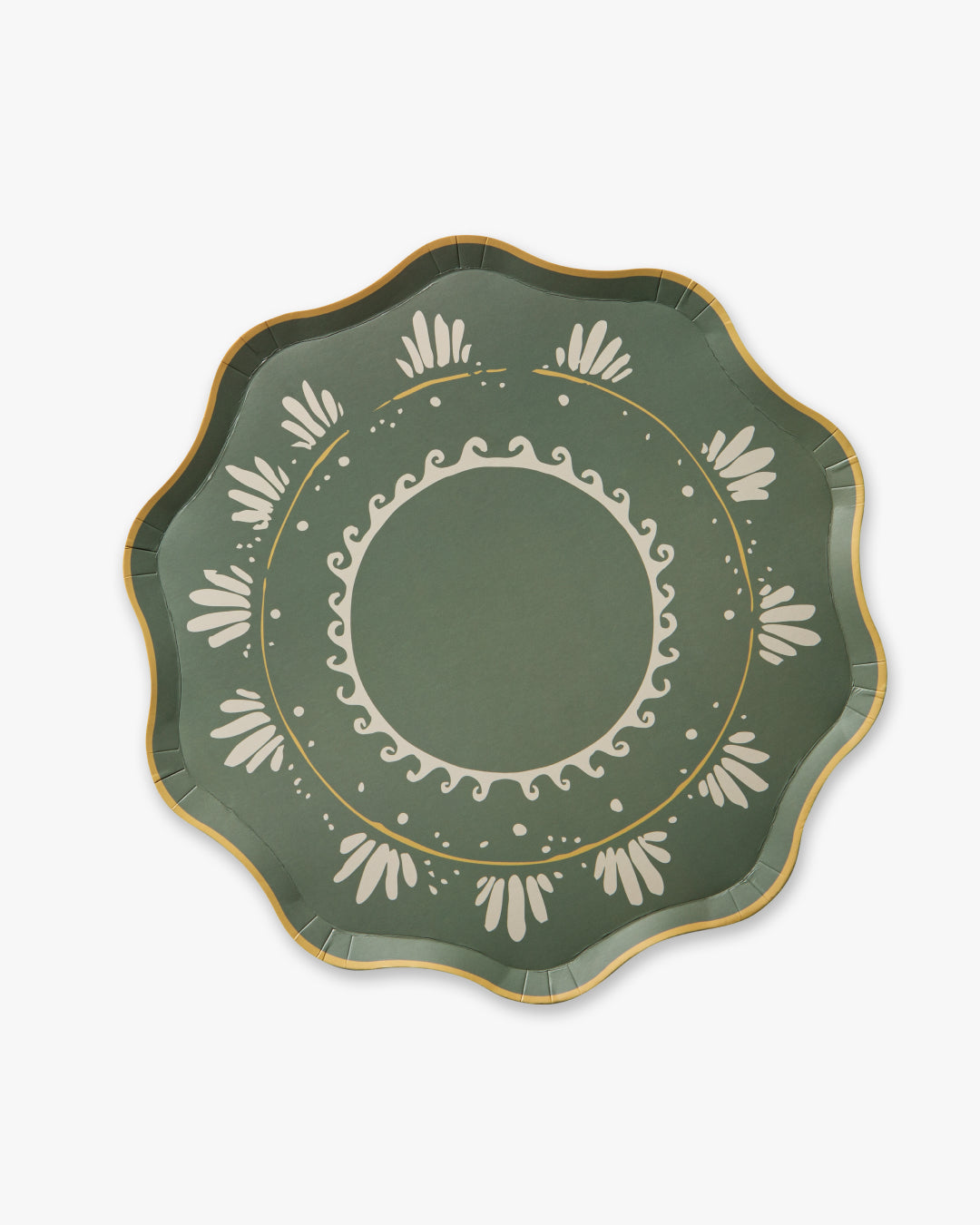 Decorative green plate with white patterns on a white background