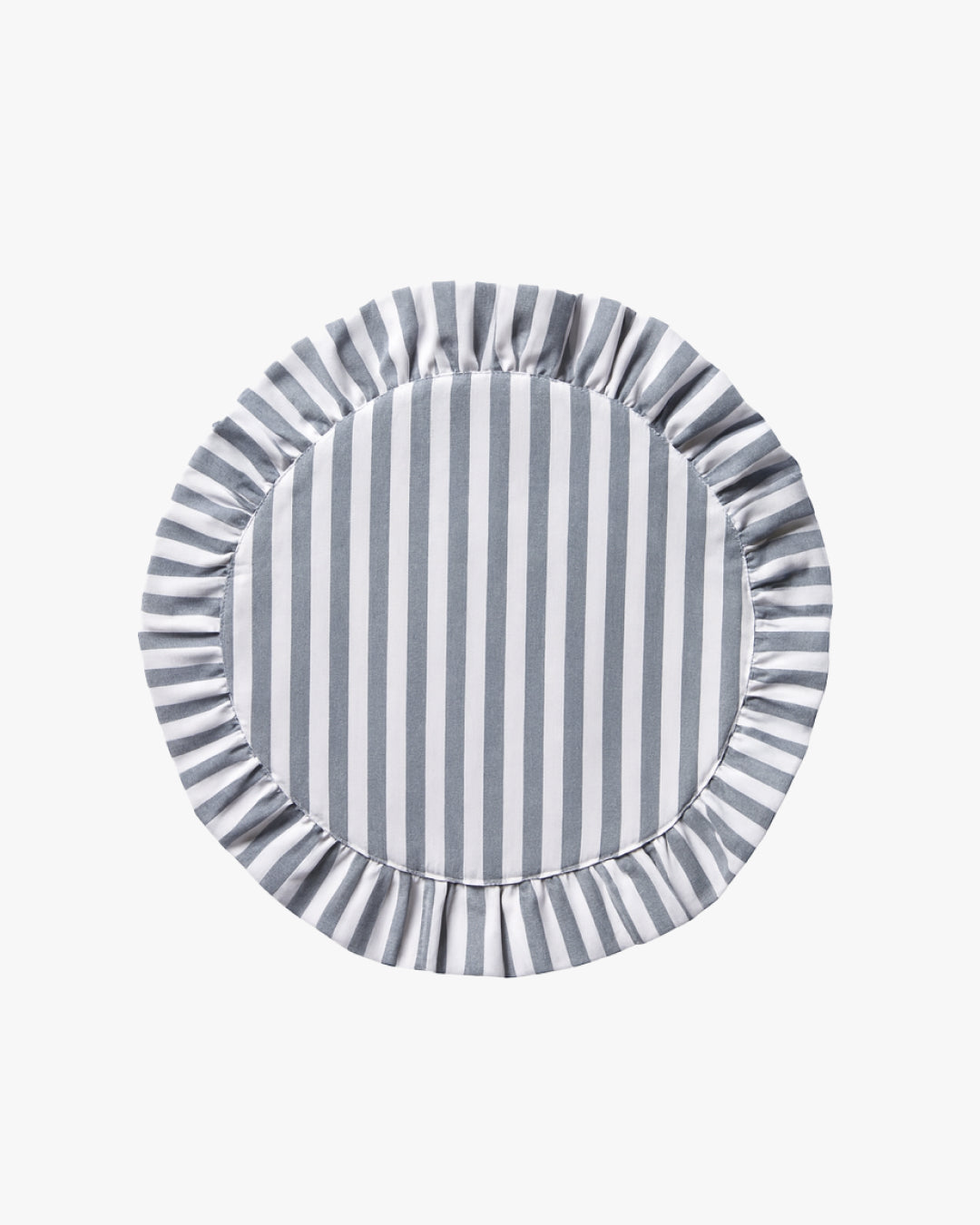 Round blue and white striped linen placemat with ruffled edge on a white background