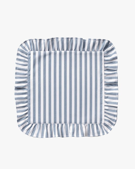 Blue and white striped square placemat with ruffled edges on a white background