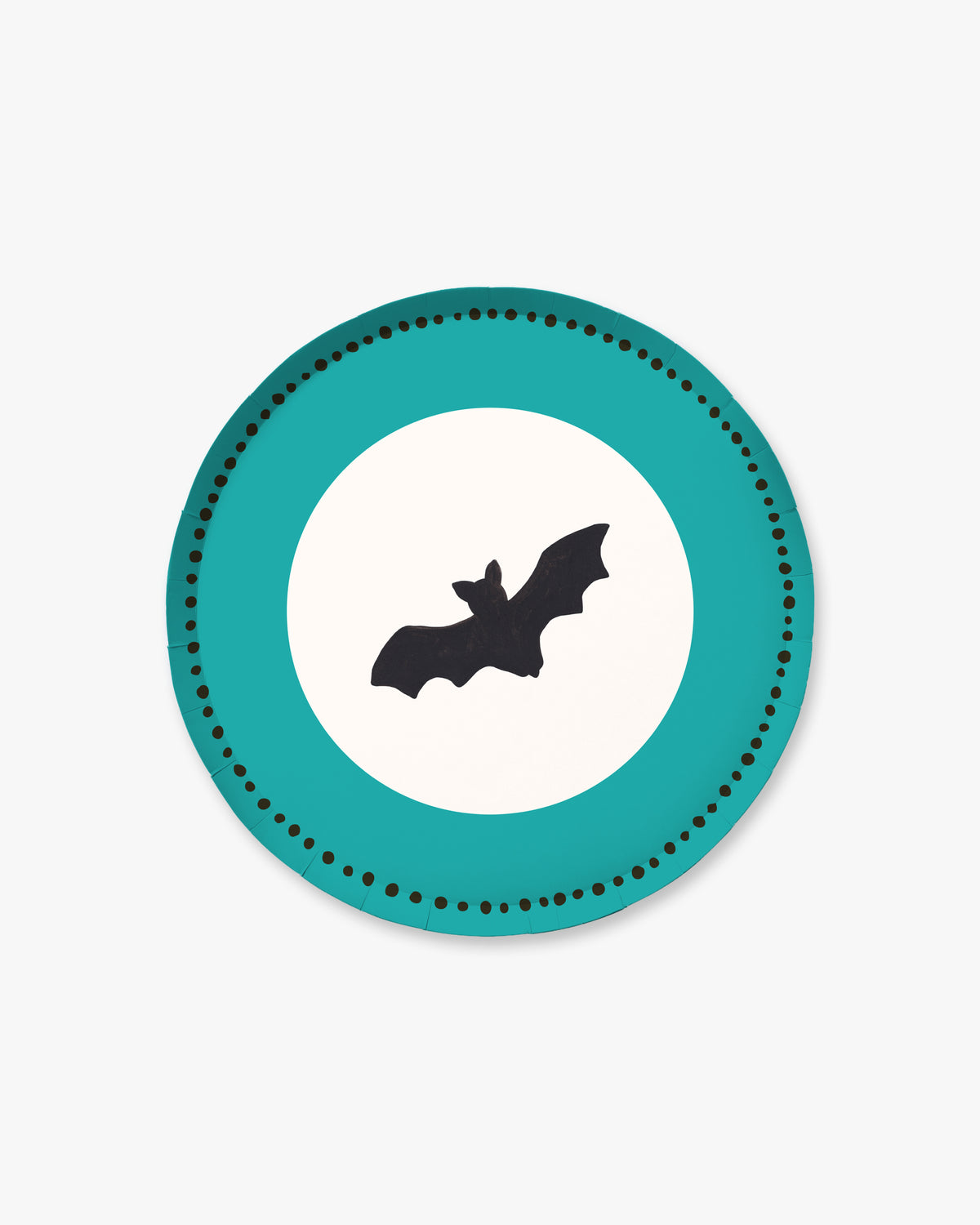9-inch round decorative paper plate in teal with a black dotted border, white center, and black bat design.