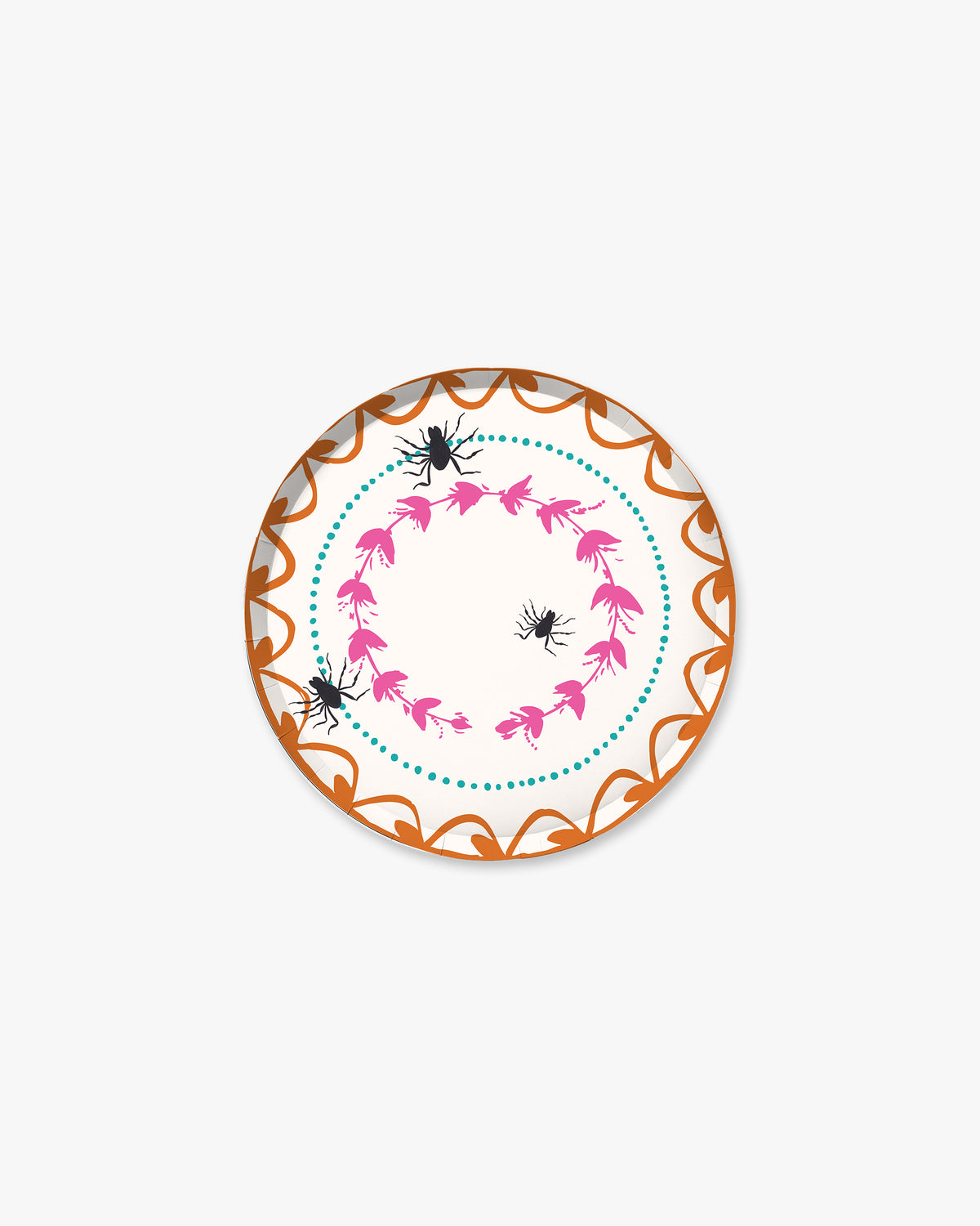 7-inch round decorative paper plate with a cream background, orange floral border, pink floral wreath, teal dotted circle, and three black spider illustrations.