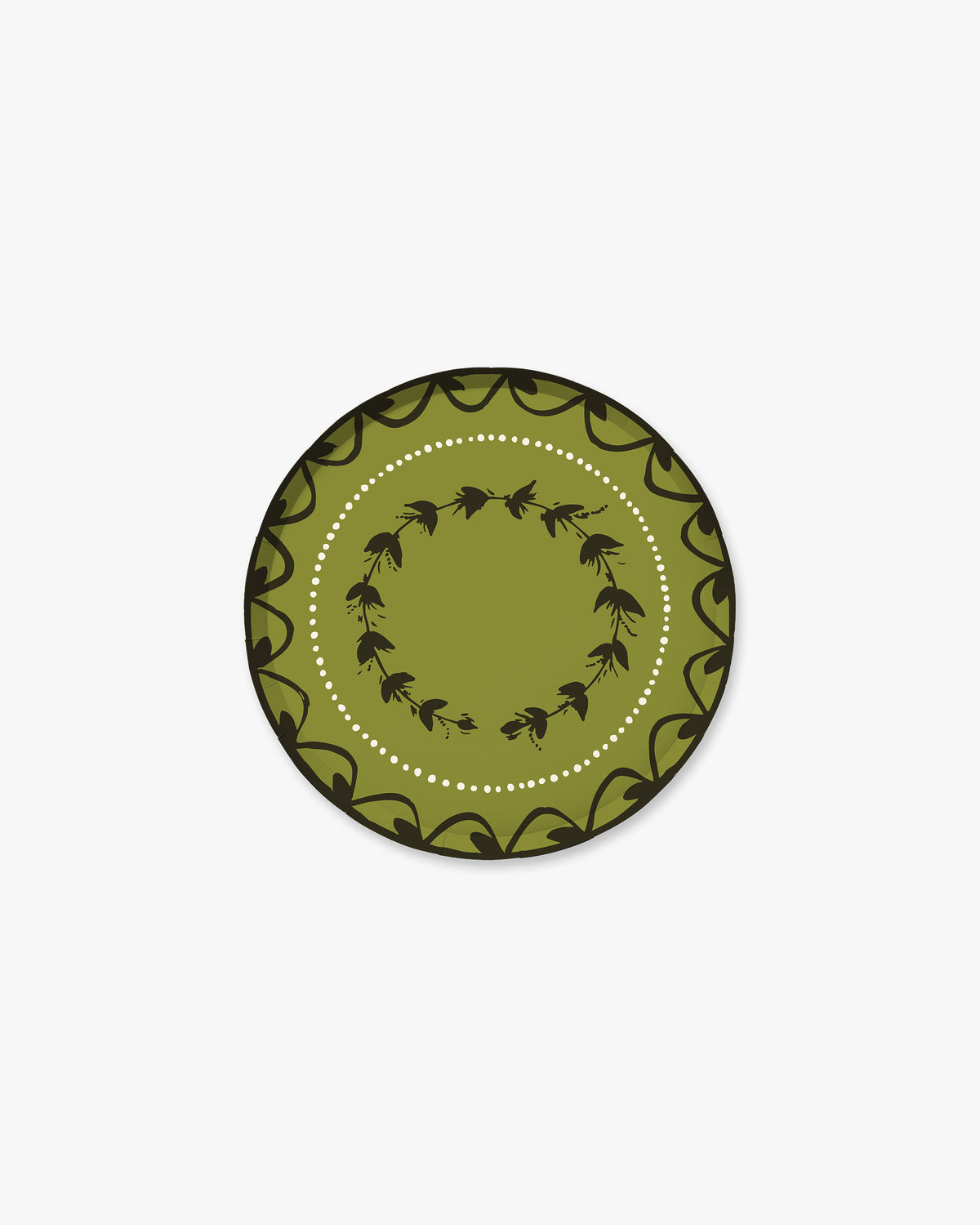 7-inch round decorative paper plate in olive green with a dark floral border, inner floral wreath, and white dotted circle.