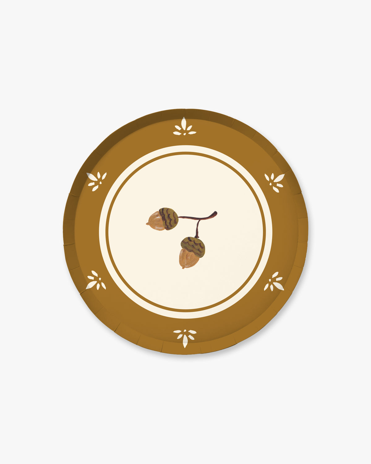 A round paper plate with a warm brown and cream design, featuring an illustration of two acorns in the center and small floral motifs around the rim, shown on a light gray background.