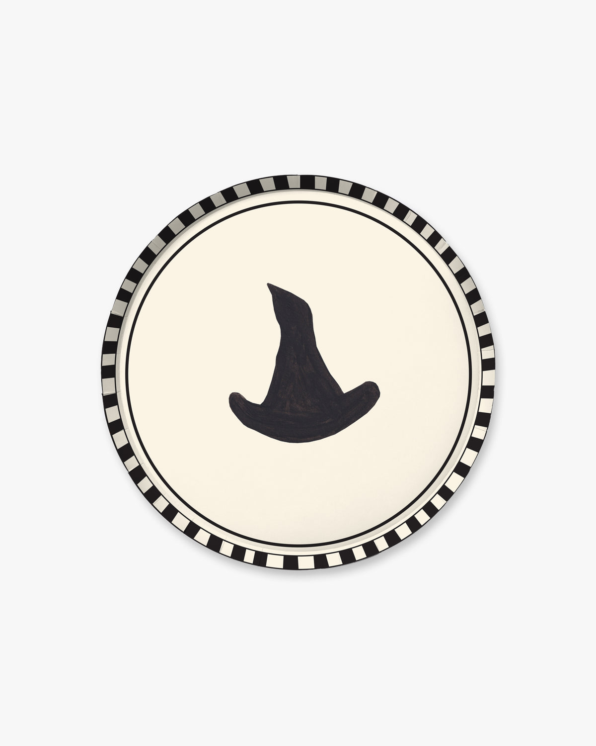 9-inch round decorative paper plate with a cream center, black witch hat silhouette, black double-line border, and black-and-white striped rim.