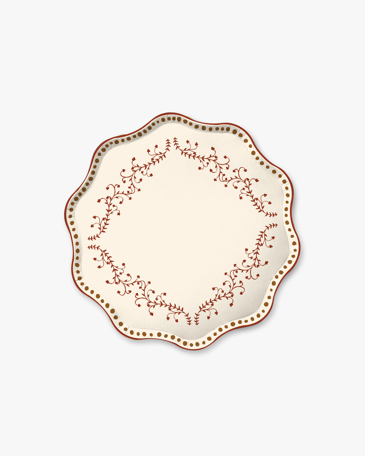 A scalloped ceramic plate with a cream center, decorated with a brown floral vine border and a thin red outer rim, shown on a light gray background.