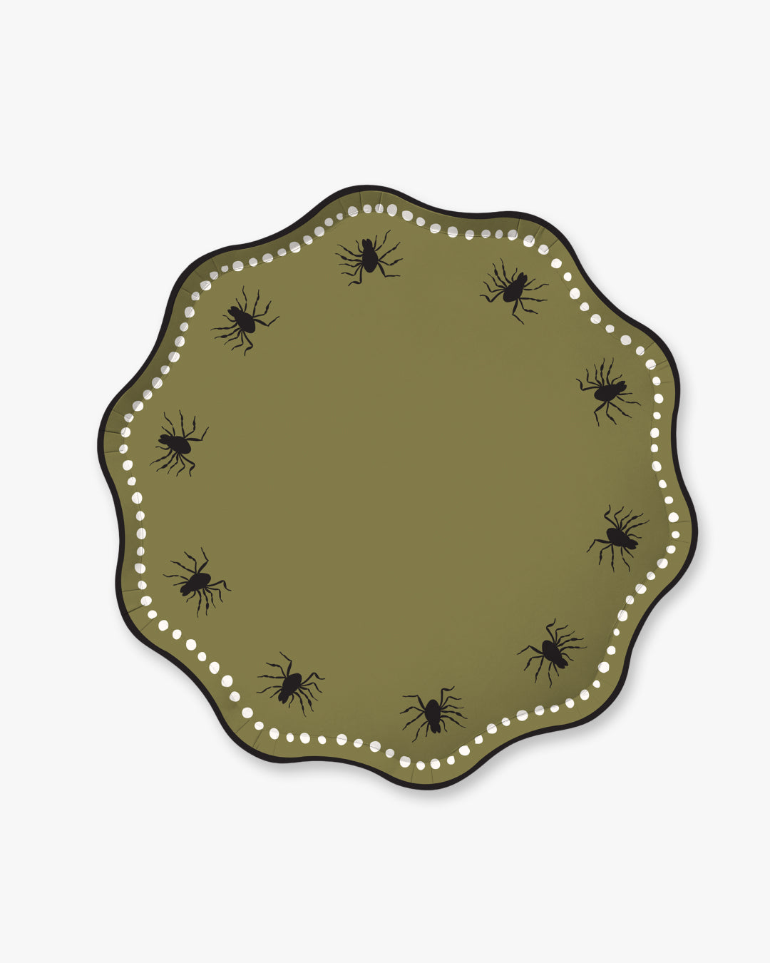 Olive colored paper plate with scalloped edges featuring a dotted white border and black Spider detailing.