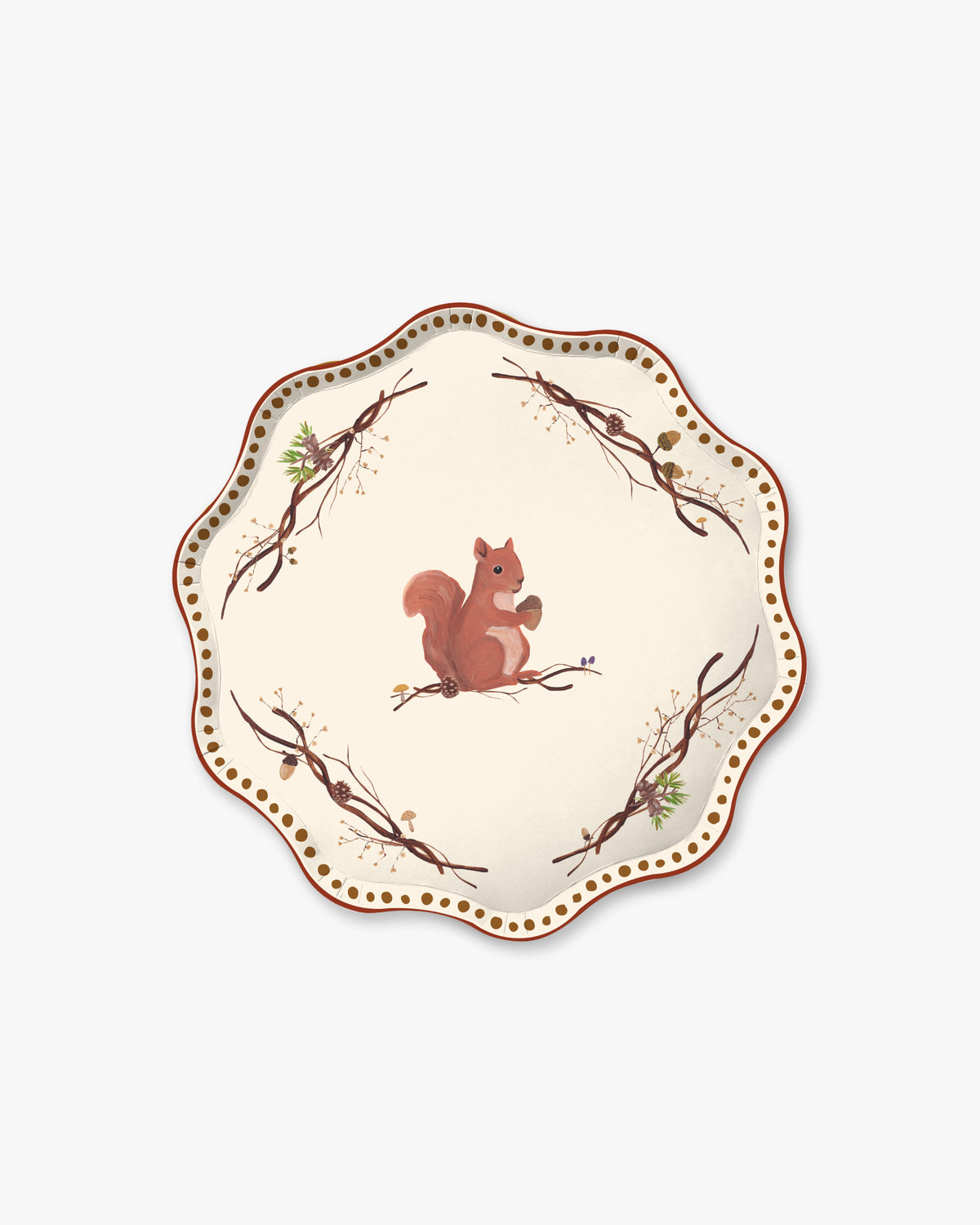 A scalloped plate featuring a central illustration of a brown squirrel on a branch, surrounded by delicate brown branch motifs and a dotted rim, set against a plain light gray background.