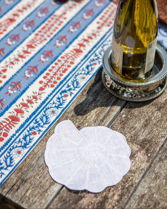 Decorative shell coaster on a wooden table 
