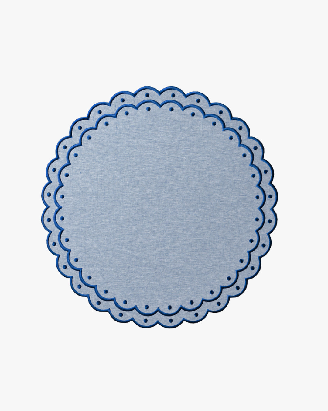 Blue chambray round placemat with blue scalloped trim