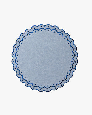 Blue chambray round placemat with blue scalloped trim