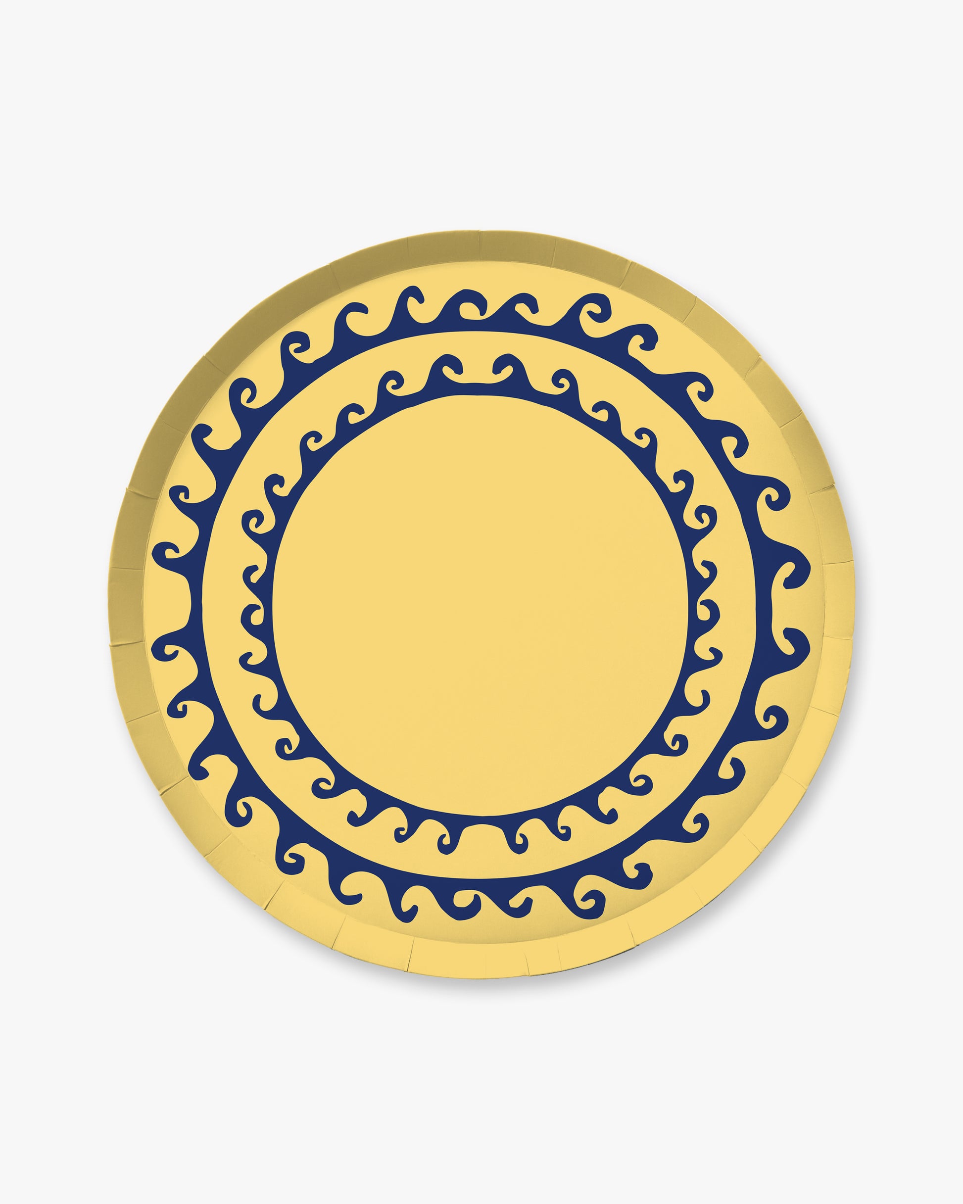 Round yellow plate with blue decorative pattern on a white background