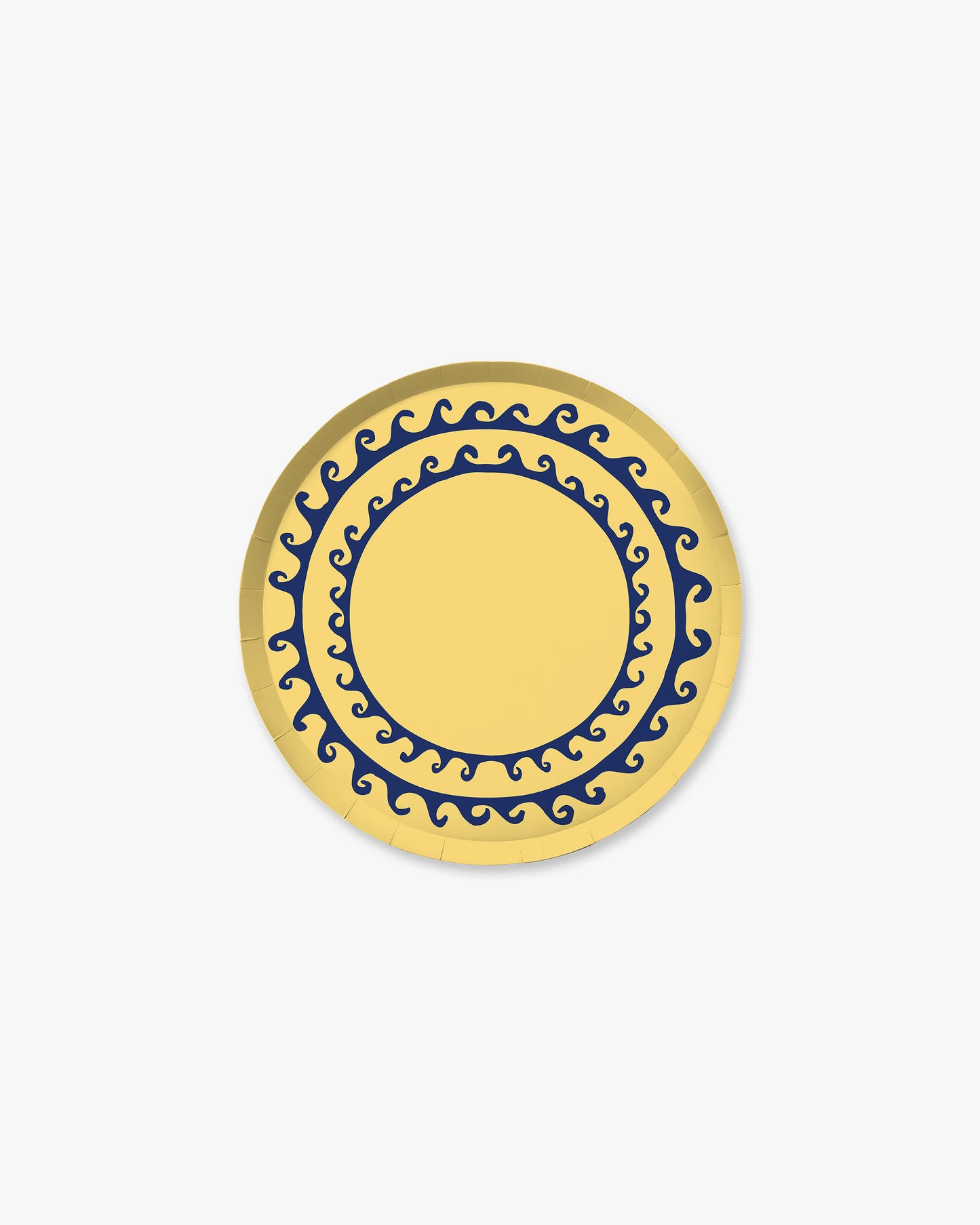 A navy blue wave design on a yellow background