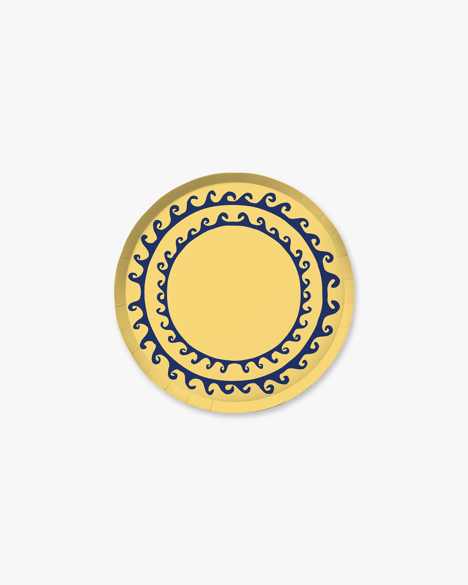 A navy blue wave design on a yellow background