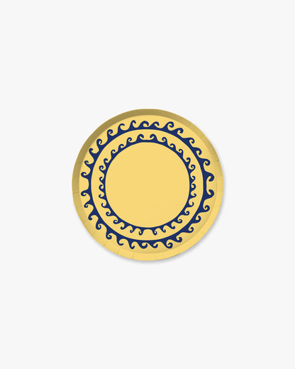 A navy blue wave design on a yellow background