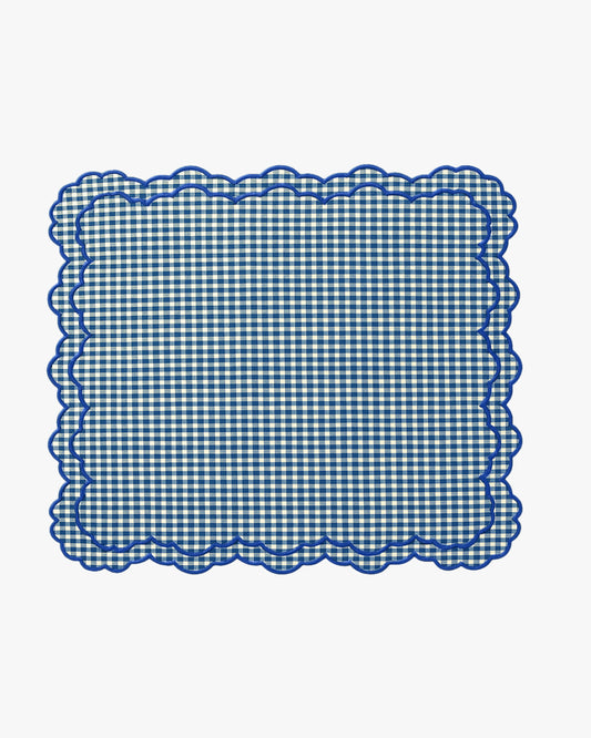 blue gingham placemat with scalloped edges