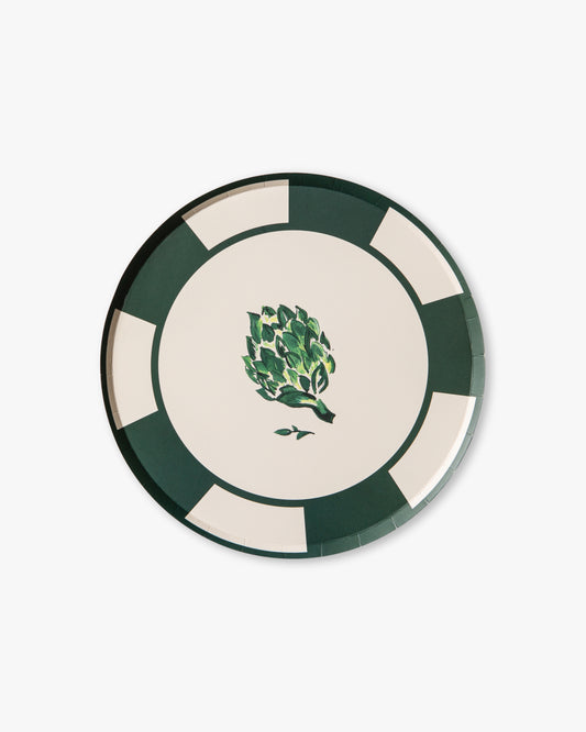 Round plate with green artichoke design on a white background