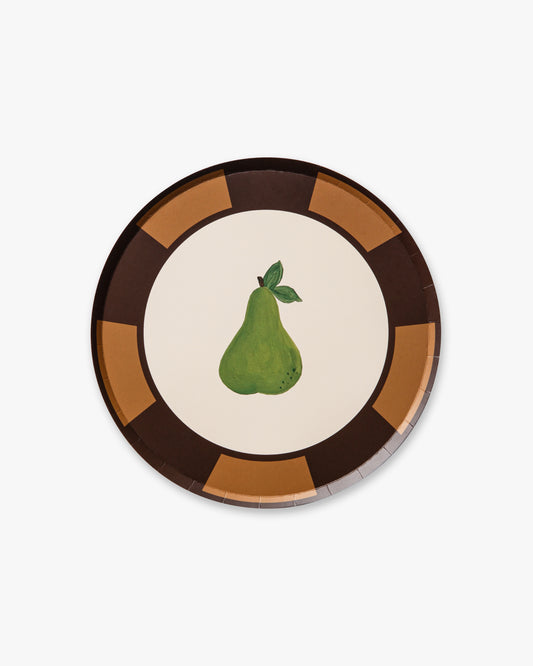 Round plate with a green pear design on a beige background