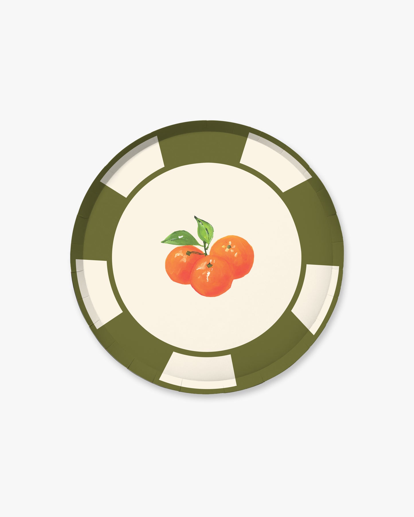 Round plate with green rim and orange design on a white background