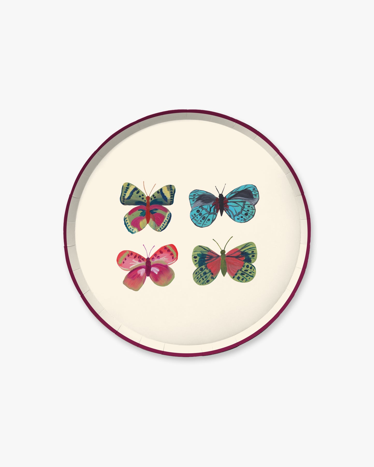 A round decorative plate with a cream-colored center, featuring four colorful butterfly illustrations in red, blue, green, and pink, finished with a dark burgundy rim, shown against a light gray background.