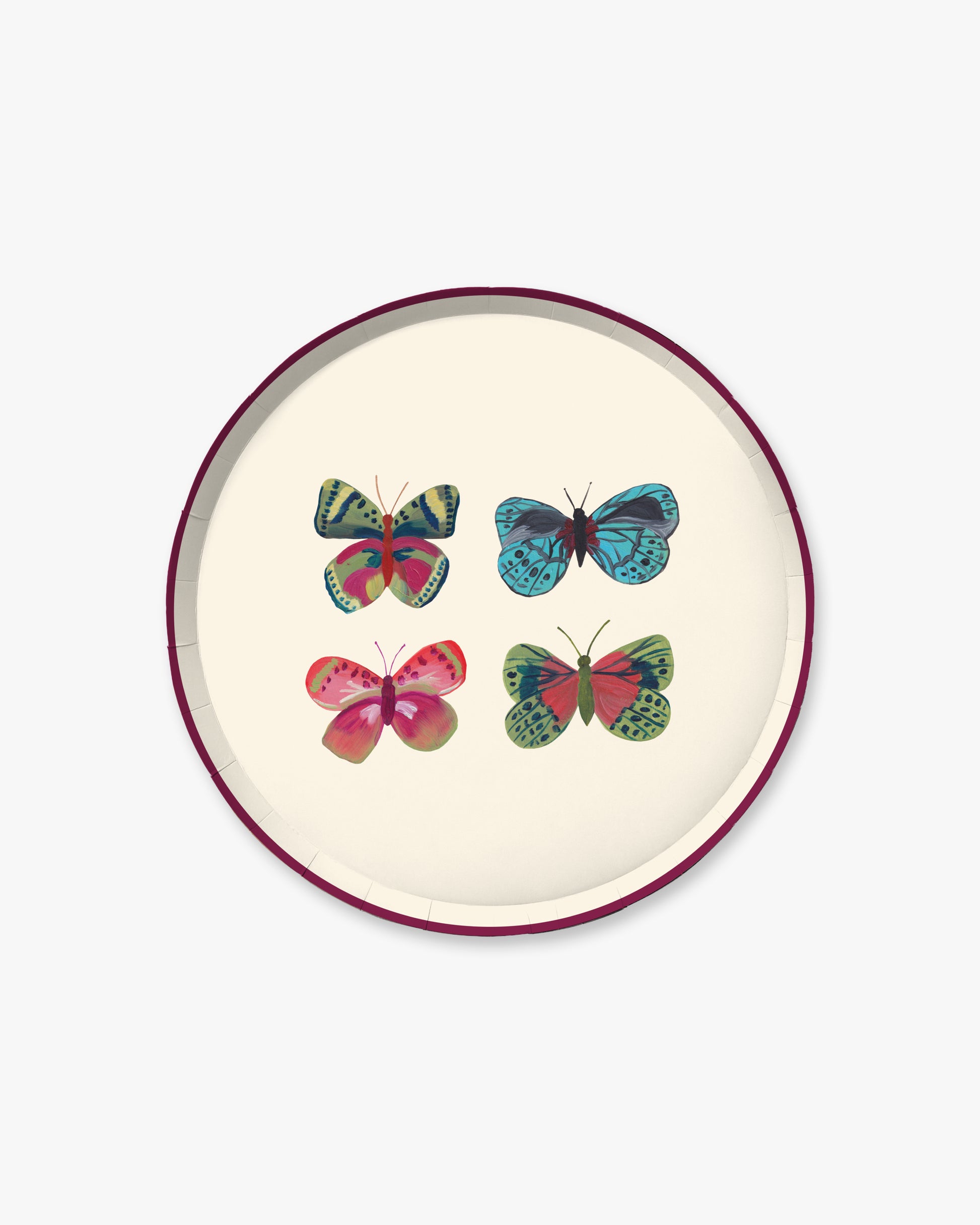 A round decorative plate with a cream-colored center, featuring four colorful butterfly illustrations in red, blue, green, and pink, finished with a dark burgundy rim, shown against a light gray background.
