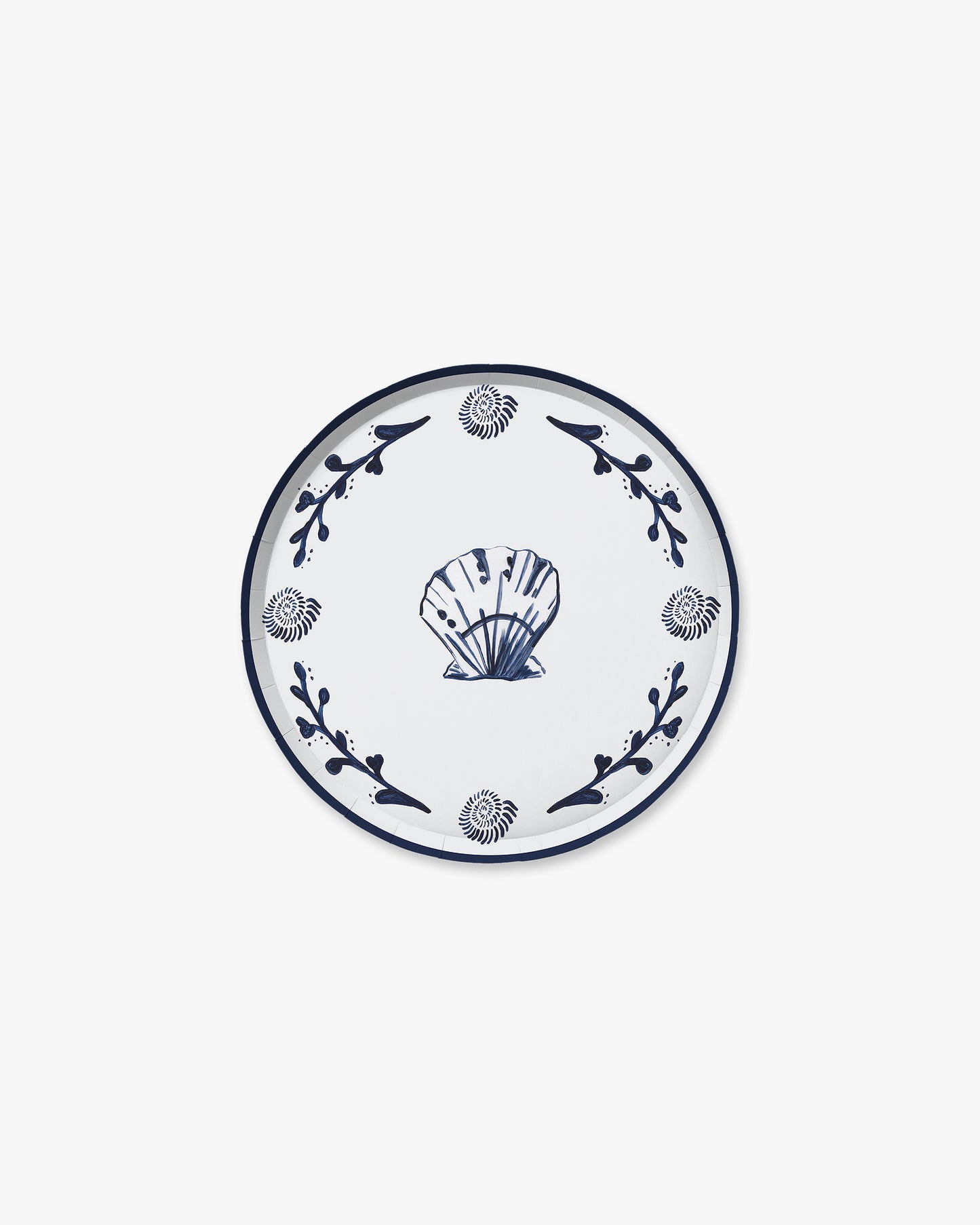 Decorative plate with blue shell design on a white background