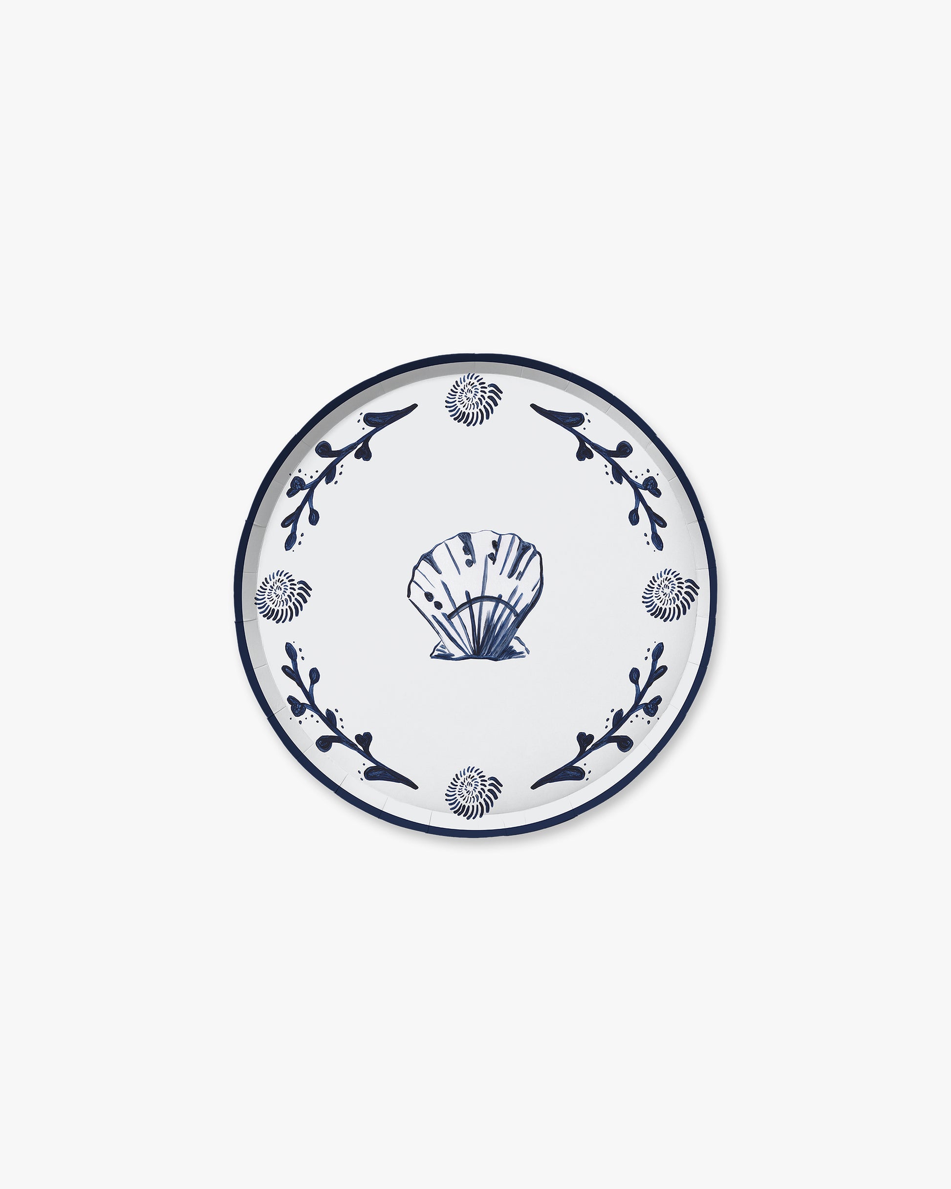 Decorative plate with blue shell design on a white background