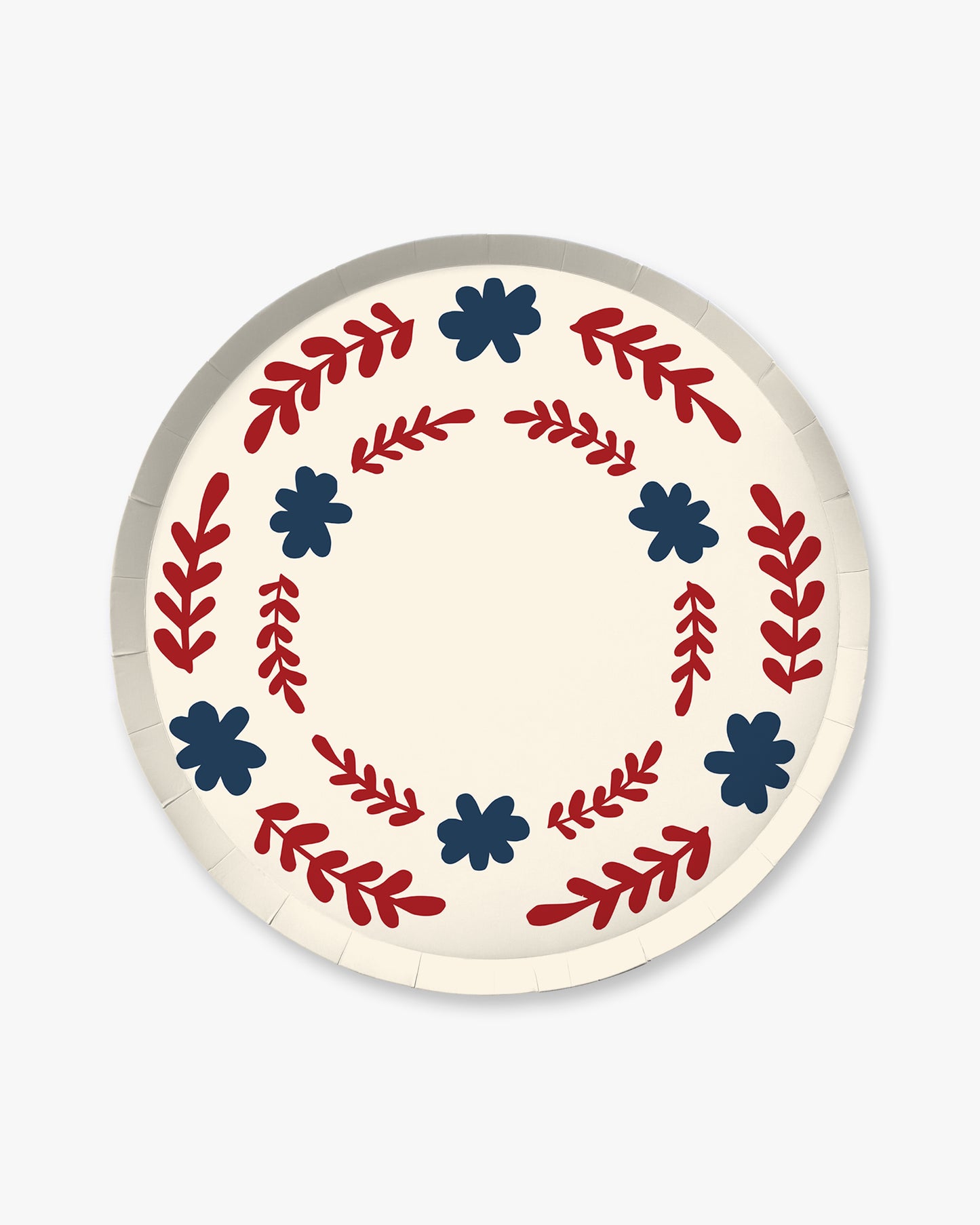 Decorative plate with red and blue floral patterns on a white background