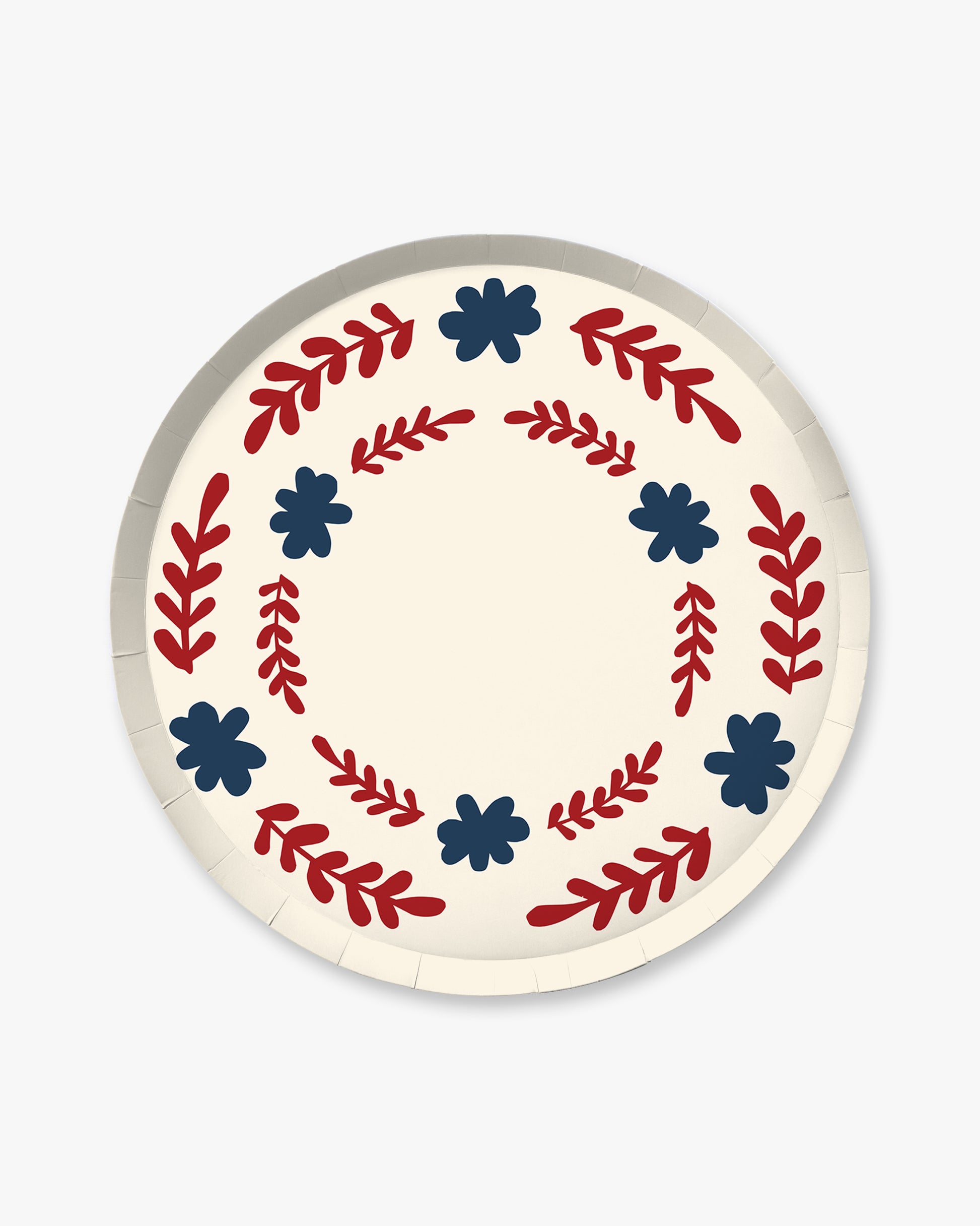 Decorative plate with red and blue floral patterns on a white background