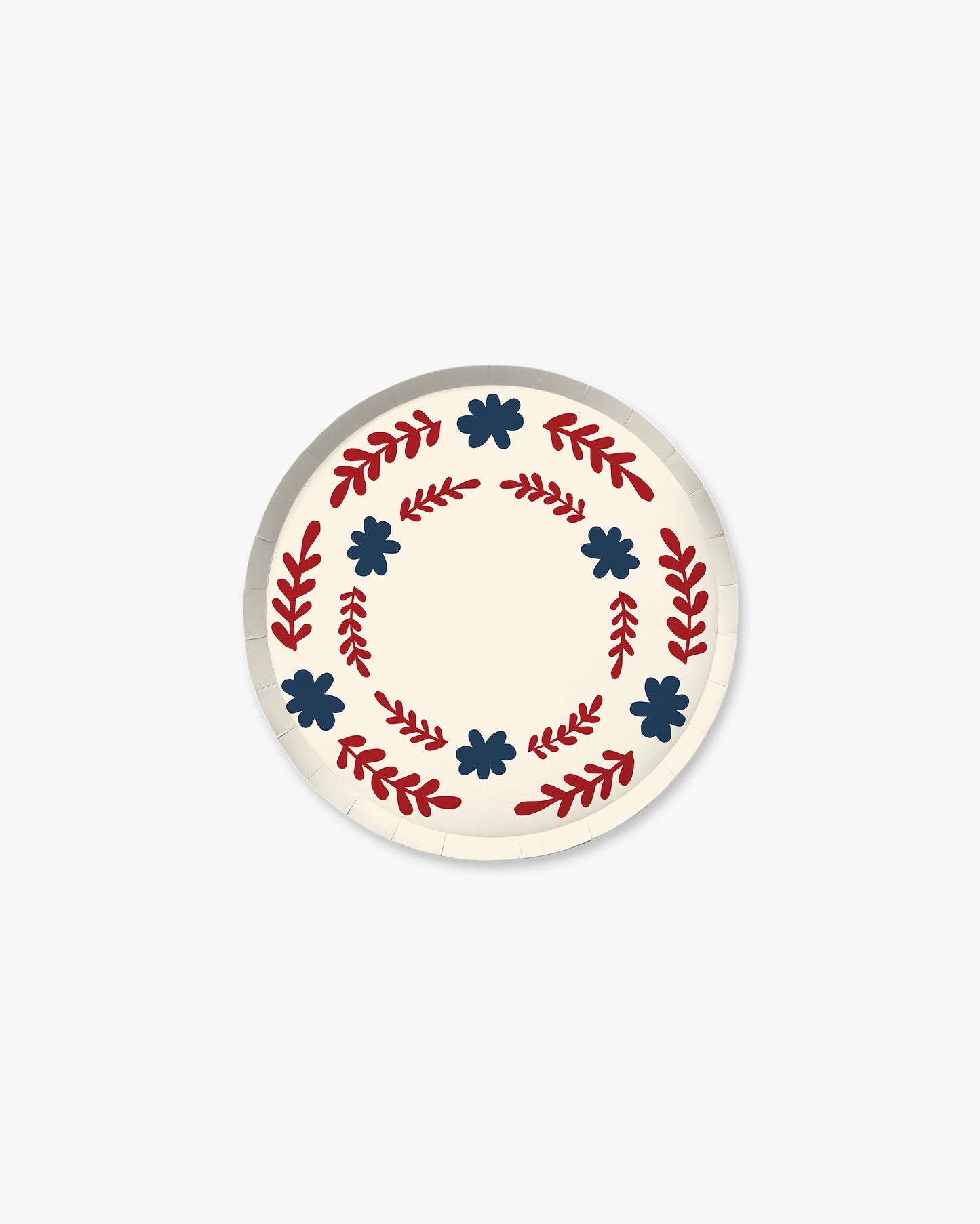Round  plate with decorative red and blue patterns on a white background