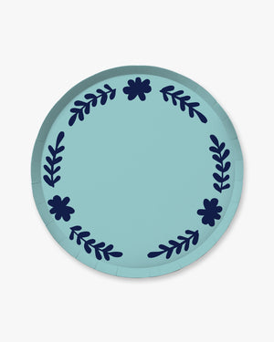 Round blue plate with navy floral patterns 