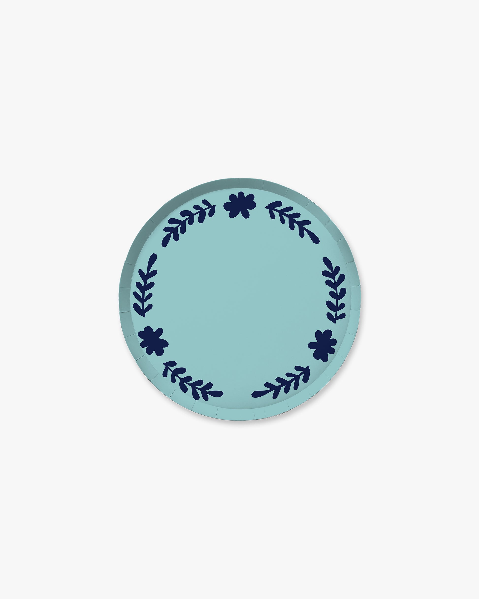 light blue plate with navy blue floral designs