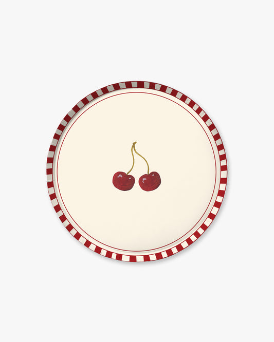 Round plate with red cherries design on a white background