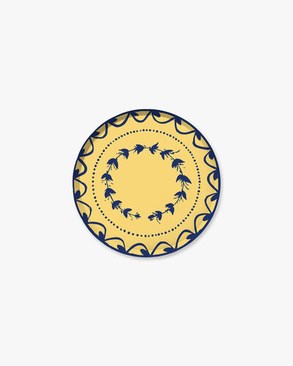 A navy design on a yellow background