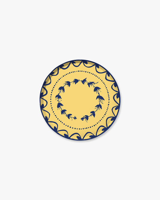 A navy design on a yellow background