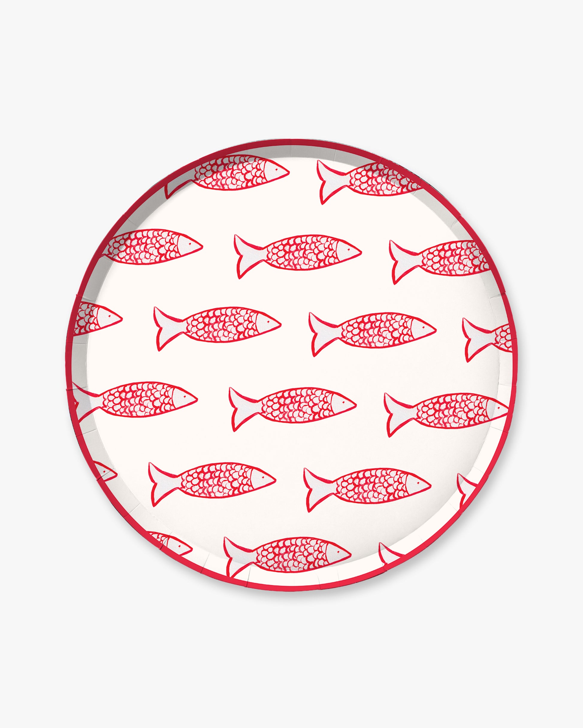 Round plate with red fish pattern on a white background