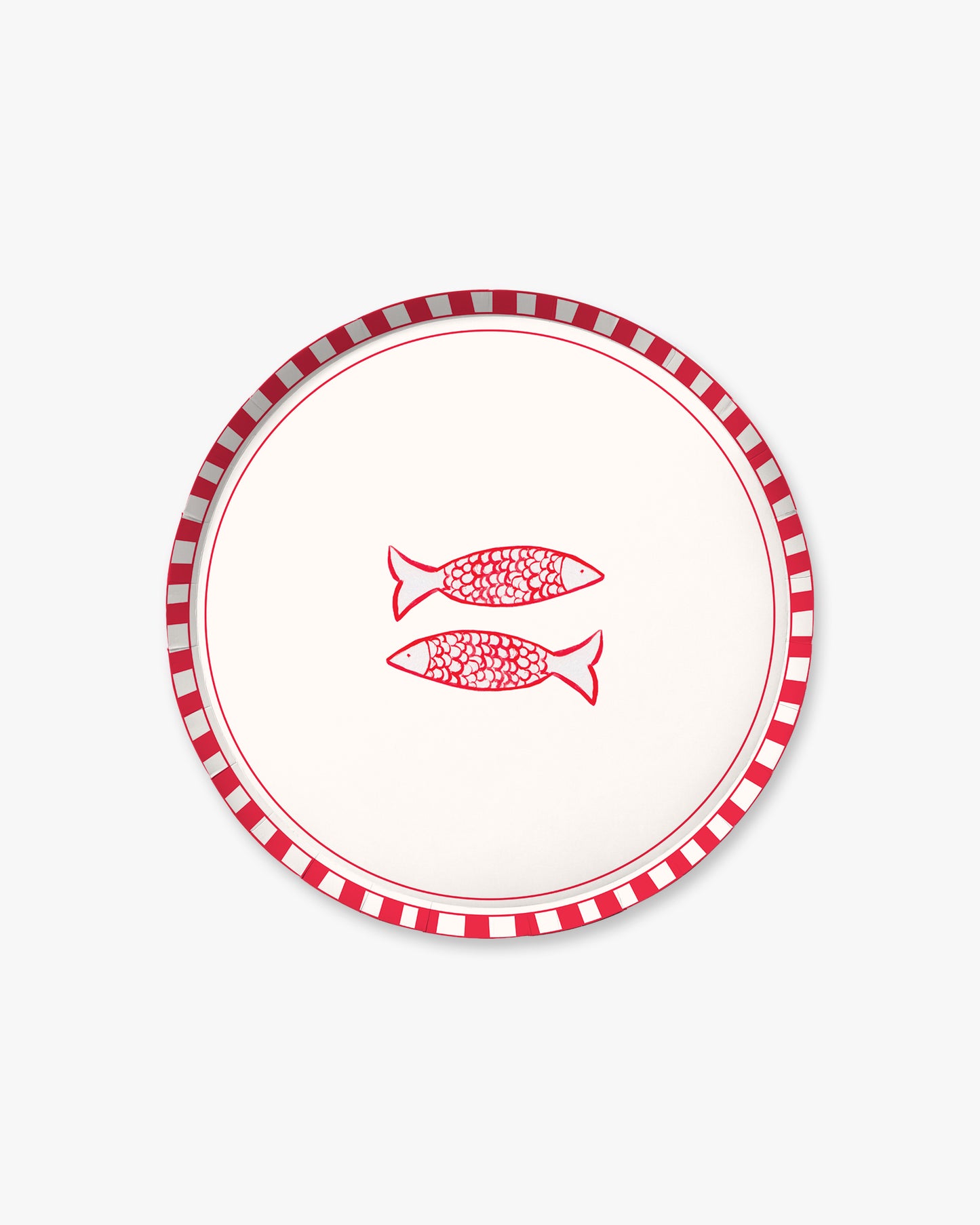 Circular design with red checkered border and red fish illustrations on a white background
