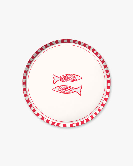 Circular design with red checkered border and red fish illustrations on a white background