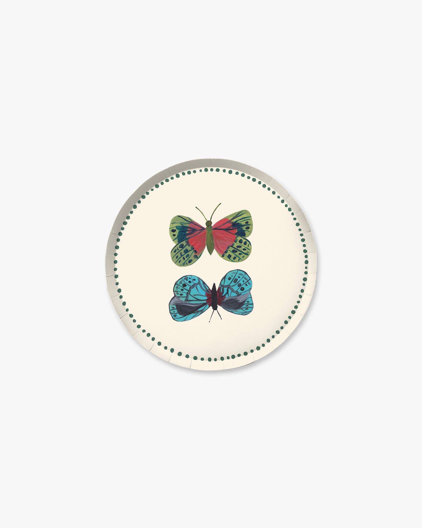 A round decorative plate cream background, featuring two illustrated butterflies—one green and red, the other blue and black—centered within a dotted green border.