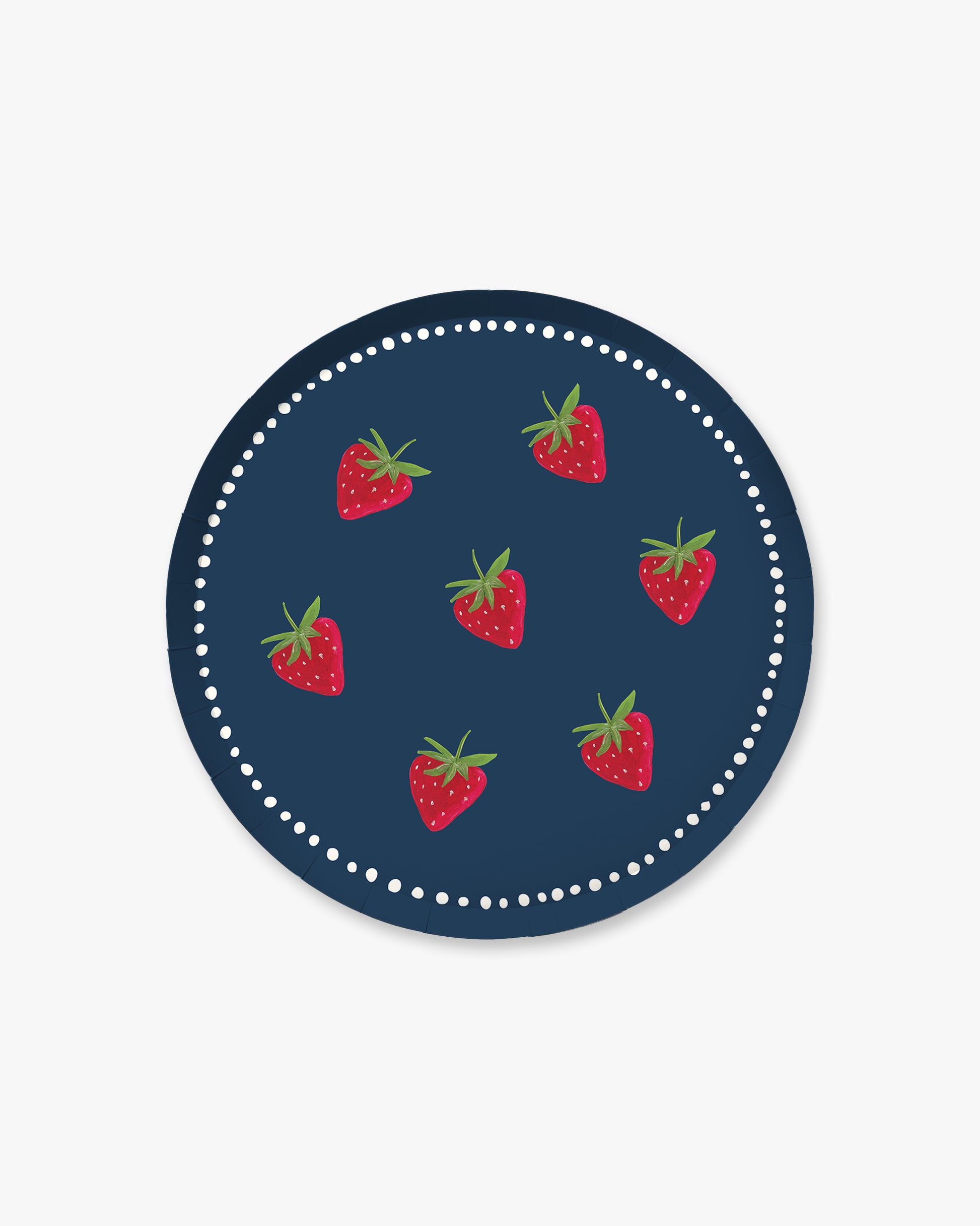 A navy plate with a strawberry pattern