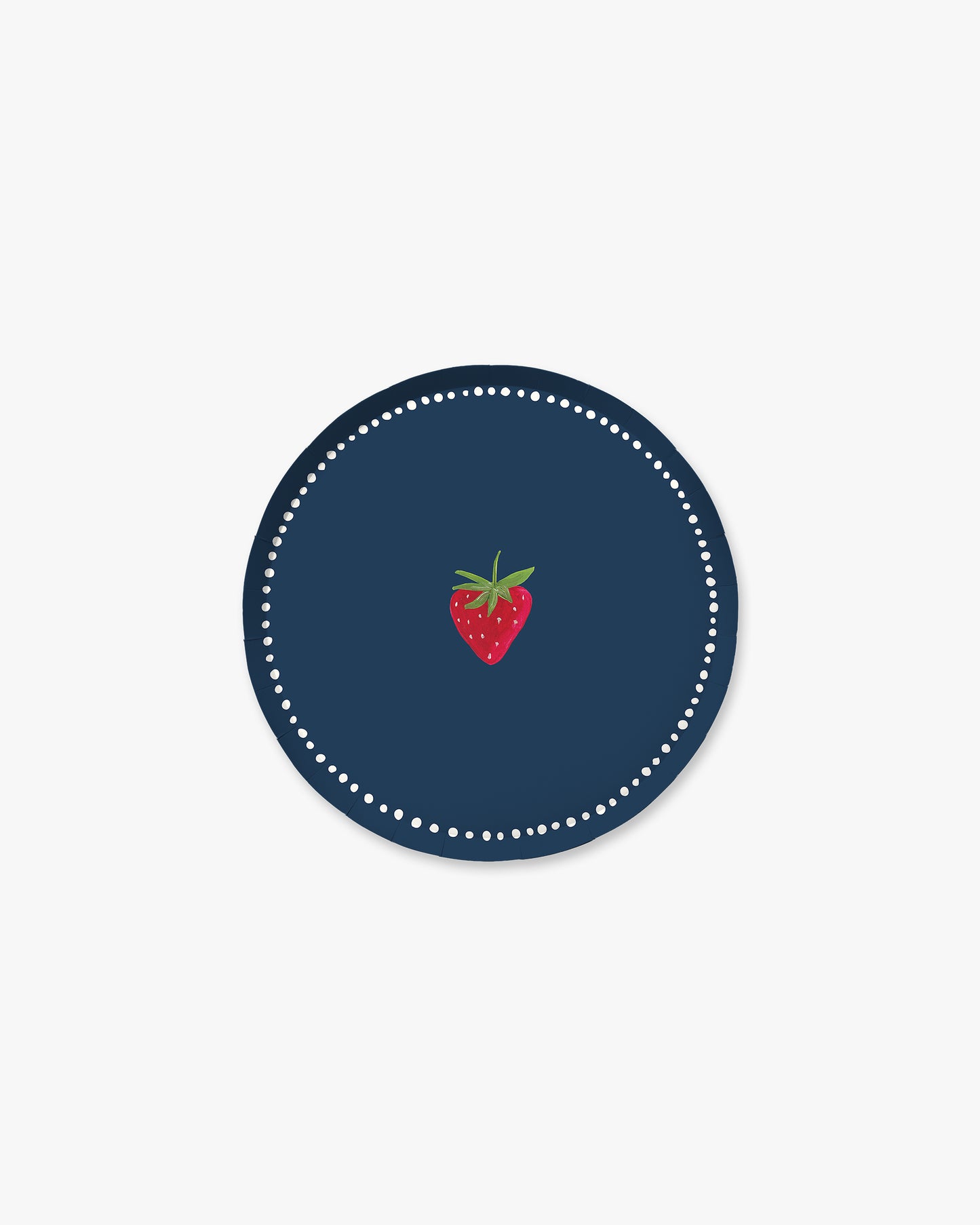 Navy blue plate with a strawberry design 