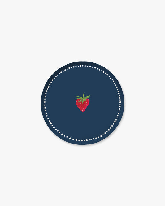 Navy blue plate with a strawberry design 